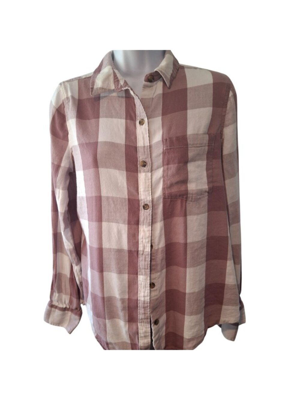 SO Favorite Shirt Womens S Pink Plaid Flannel Button Up Cotton Modal Cottagecore